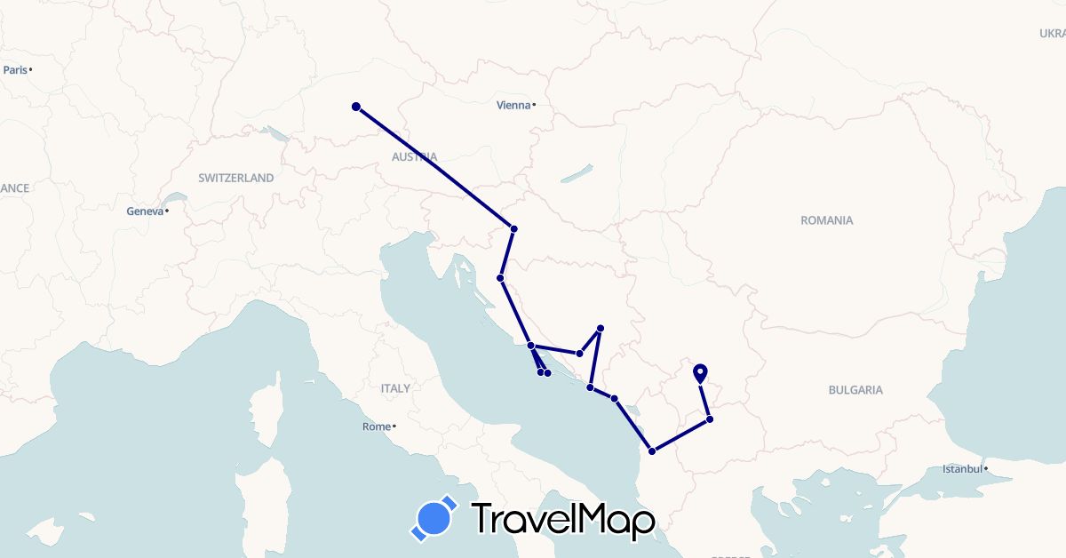 TravelMap itinerary: driving in Albania, Bosnia and Herzegovina, Germany, Croatia, Montenegro, Macedonia, Kosovo (Europe)